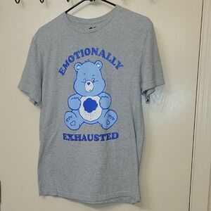 'Emotionally Exhausted' Gray Graphic Tee with Blue Care Bear